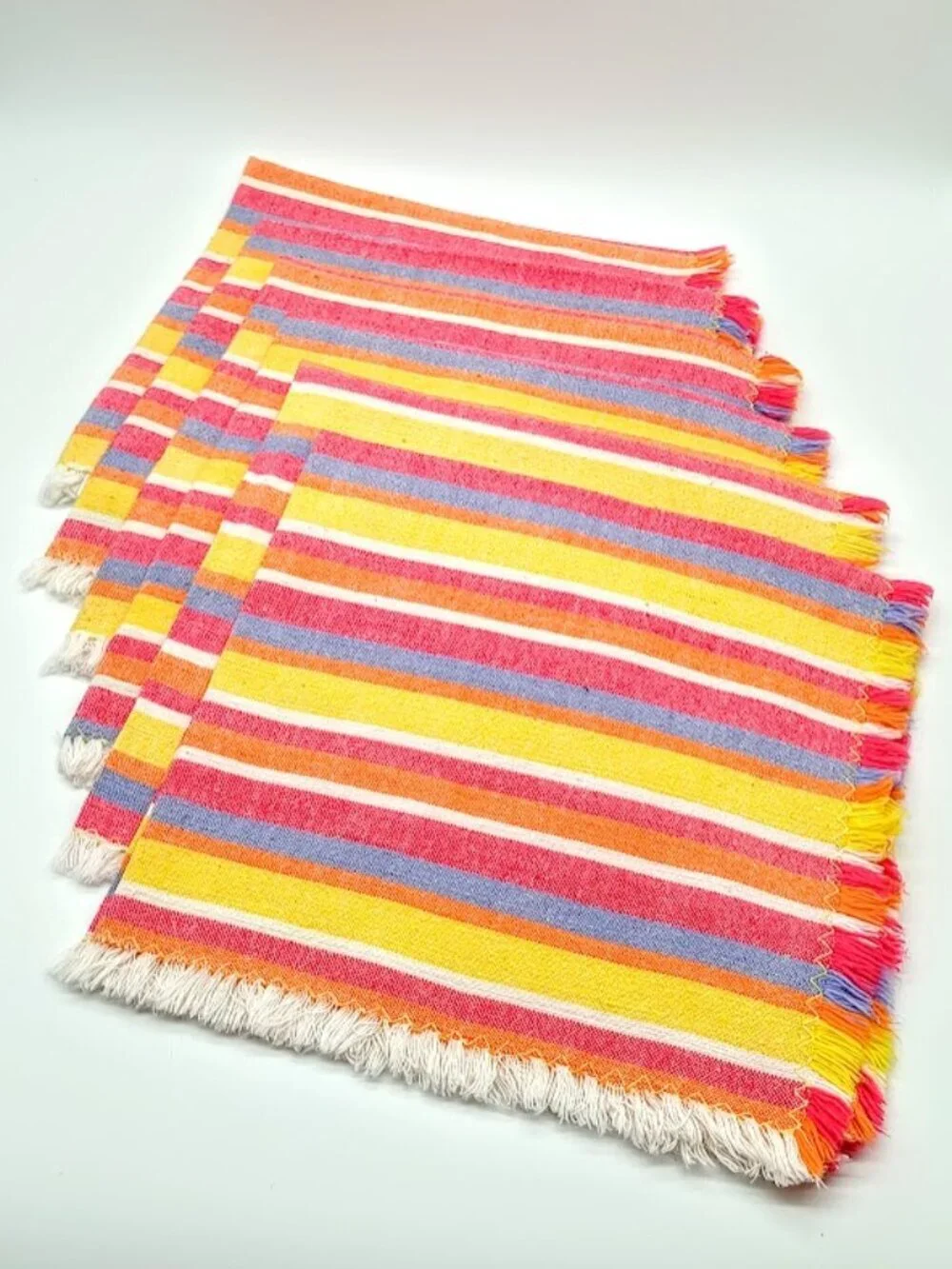 Set of 6 Striped Fringed Square Cotton Table Napkins